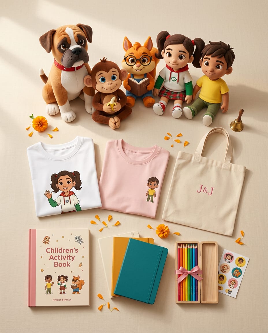 JJW merchandise flatlay — plushies of all five characters, tees, activity book, stationery